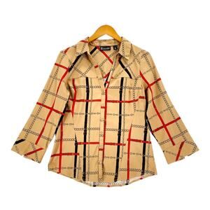 7th AVENUE NY&C Medium Brown long sleeve collar button up Chains Belts Print top